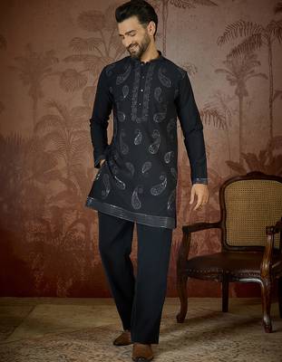 Mens black silk blend solid embroidered kurta 5