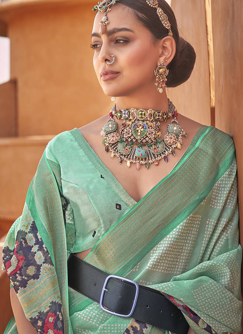 Sea green colour cotton silk patola printed saree
