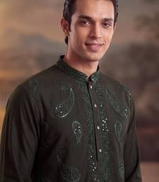 Mens green silk blend solid embroidered kurta