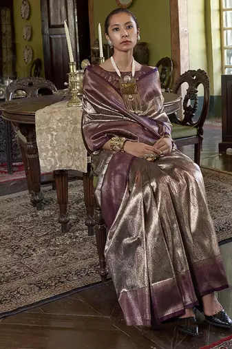 Purple kanjivaram silk blend woven classic saree