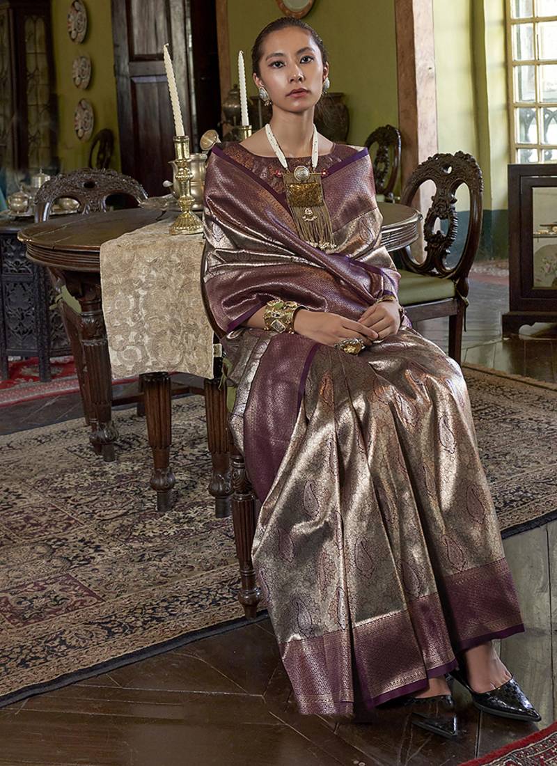 Purple kanjivaram silk blend woven classic saree
