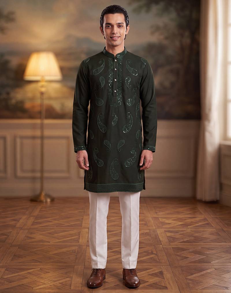 Mens green silk blend solid embroidered kurta