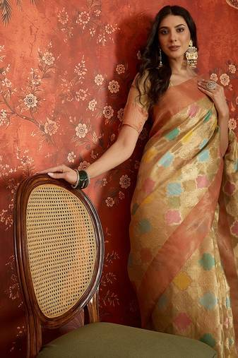 Beige tissue woven design saree with unstitched blouse piece