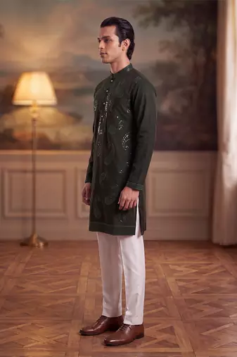 Mens green silk blend solid embroidered kurta