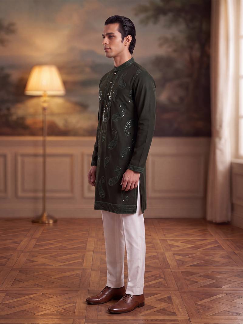 Mens green silk blend solid embroidered kurta