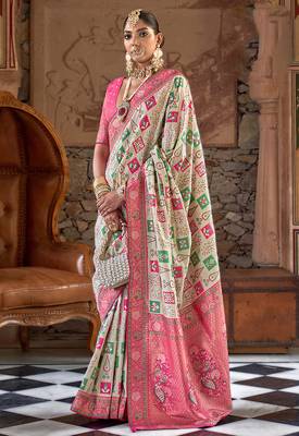 White banarasi silk blend weaving traditional saree 1