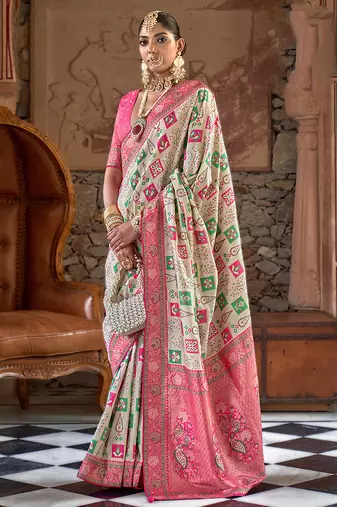 White banarasi silk blend weaving traditional saree