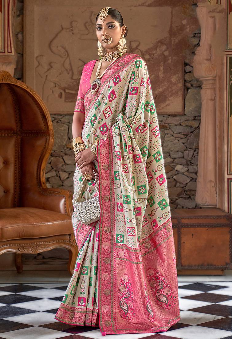 White banarasi silk blend weaving traditional saree