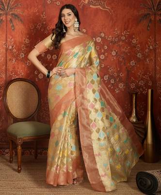 Beige tissue woven design saree with unstitched blouse piece. 2