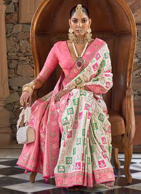 White banarasi silk blend weaving traditional saree 2