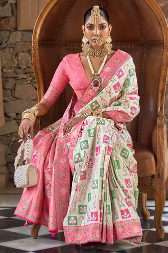 White banarasi silk blend weaving traditional saree
