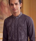 Mens grey silk blend solid embroidered kurta