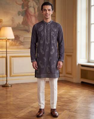 Mens grey silk blend solid embroidered kurta 2