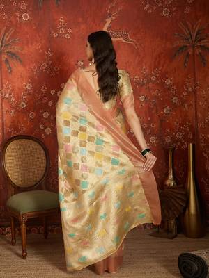 Beige tissue woven design saree with unstitched blouse piece. 5