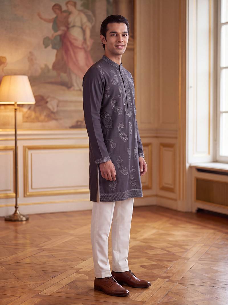 Mens grey silk blend solid embroidered kurta