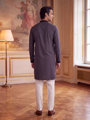 Mens grey silk blend solid embroidered kurta 4