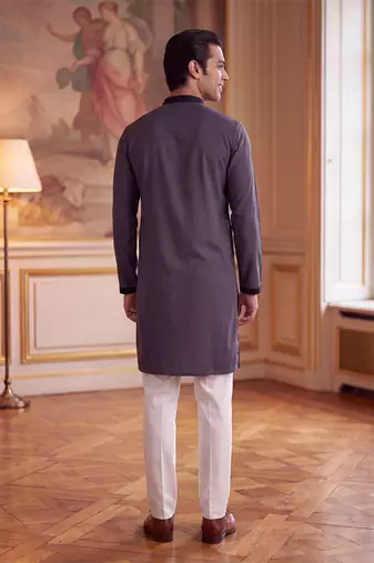 Mens grey silk blend solid embroidered kurta