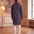 Mens grey silk blend solid embroidered kurta