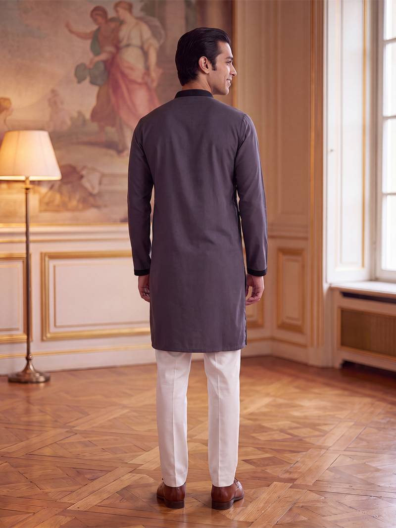Mens grey silk blend solid embroidered kurta