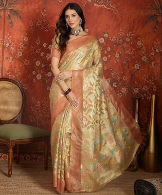 Beige tissue woven design saree with unstitched blouse piece. 2