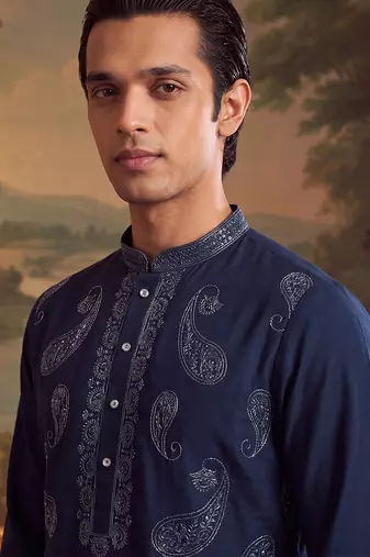 Mens teal silk blend solid embroidered kurta