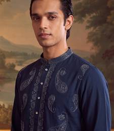 Mens teal silk blend solid embroidered kurta