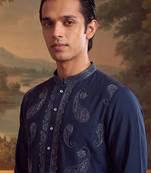 Mens teal silk blend solid embroidered kurta