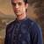 Mens teal silk blend solid embroidered kurta