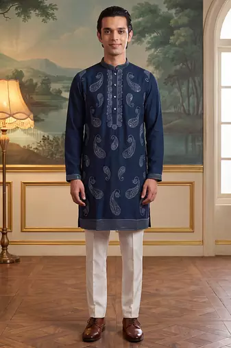 Mens teal silk blend solid embroidered kurta