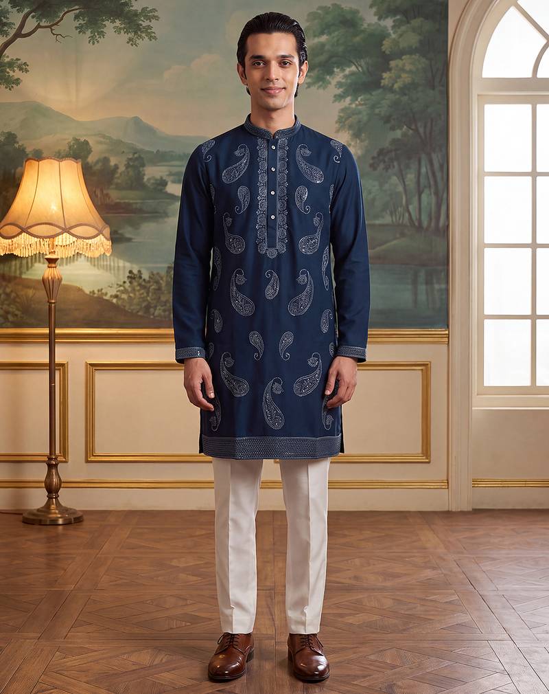 Mens teal silk blend solid embroidered kurta