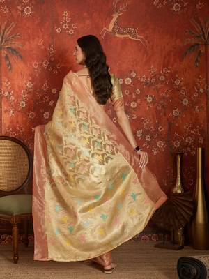 Beige tissue woven design saree with unstitched blouse piece. 4