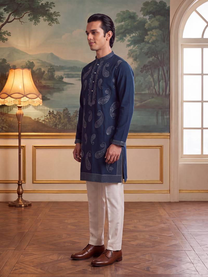 Mens teal silk blend solid embroidered kurta