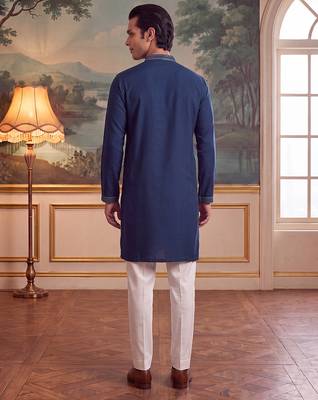 Mens teal silk blend solid embroidered kurta 4