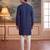 Mens teal silk blend solid embroidered kurta