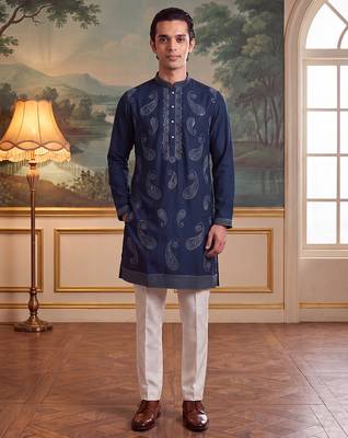 Mens teal silk blend solid embroidered kurta 5