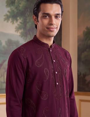 Mens maroon silk blend solid embroidered kurta 1
