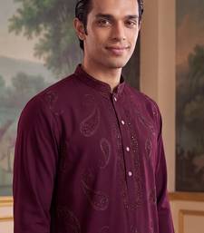 Mens maroon silk blend solid embroidered kurta