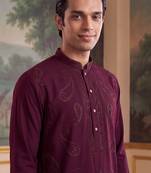 Mens maroon silk blend solid embroidered kurta