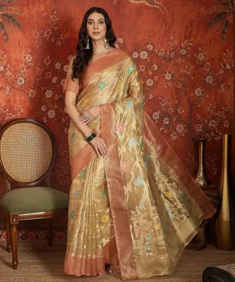 Beige tissue woven design saree with unstitched blouse piece. 2