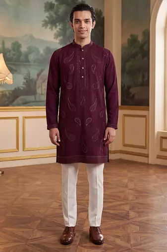 Mens maroon silk blend solid embroidered kurta