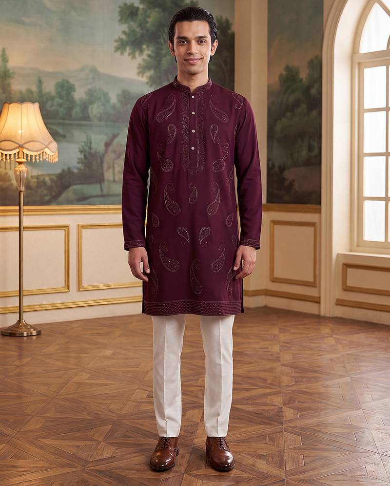 Mens maroon silk blend solid embroidered kurta