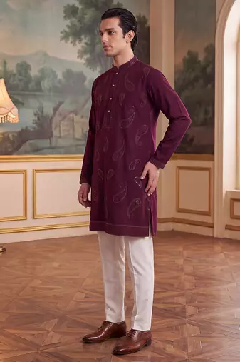 Mens maroon silk blend solid embroidered kurta
