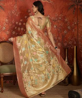 Beige tissue woven design saree with unstitched blouse piece. 3