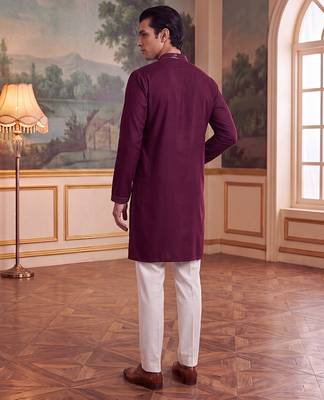 Mens maroon silk blend solid embroidered kurta 4