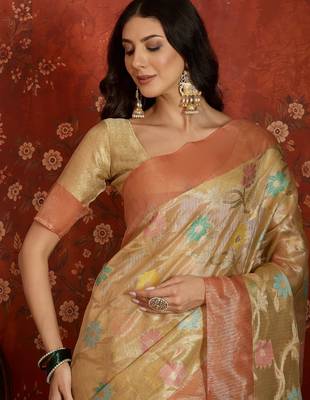 Beige tissue woven design saree with unstitched blouse piece. 4