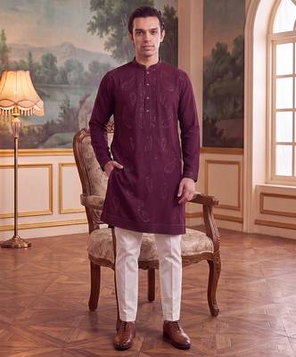 Mens maroon silk blend solid embroidered kurta 5