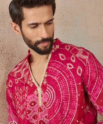 Mens pink silk blend ethnic motifs embroidered kurta 1
