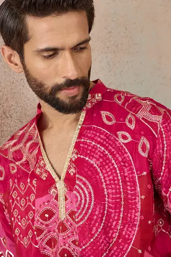 Mens pink silk blend ethnic motifs embroidered kurta