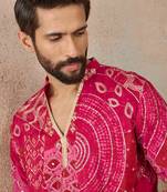 Mens pink silk blend ethnic motifs embroidered kurta