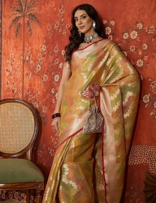 Gold tissue woven design saree with unstitched blouse piece. 1